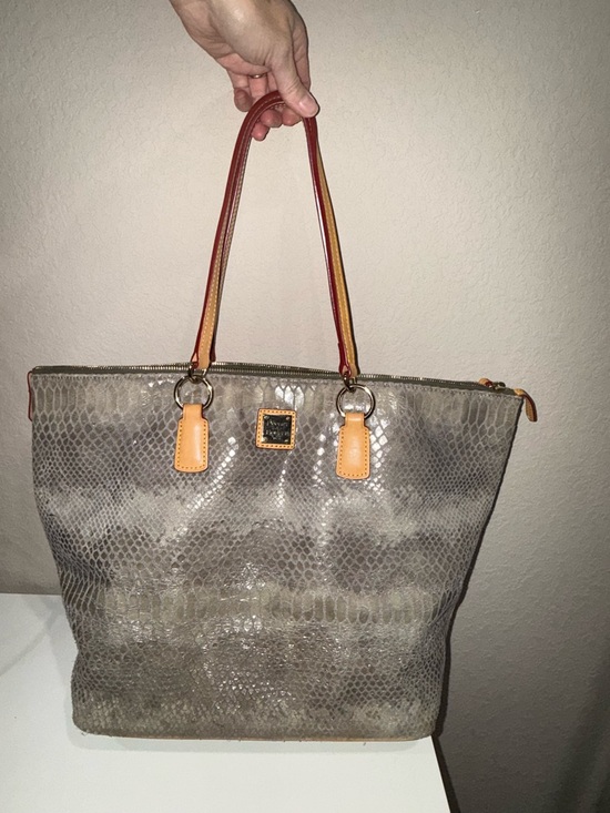 Dooney & Bourke Handbags - Dooney & Bourke Gray Snake-Embossed Tote with Tan and Red Handles